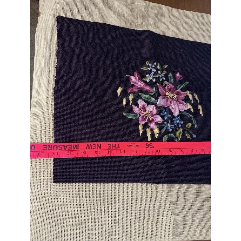 Vintage Completed Floral Lily Needlepoint Canvas Purple Cushion Pillow